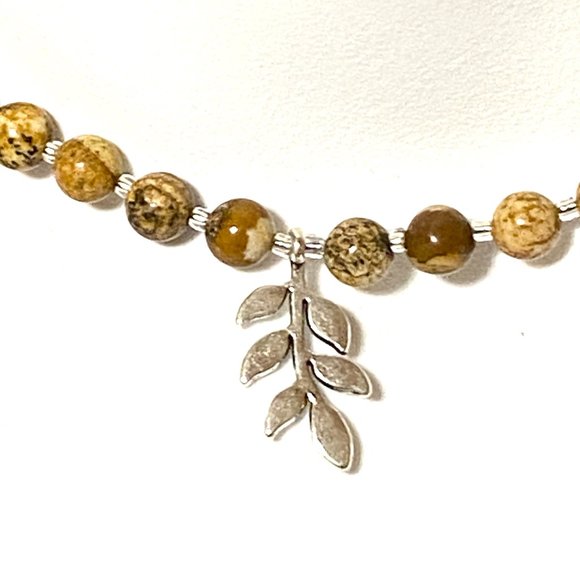 Jasper Stone Silver Leaf Branch Necklace, Genuine Gemstone Beaded Necklace - Picture 3 of 9